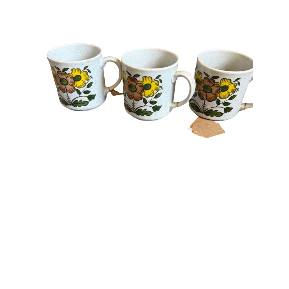 Vintage 70s Speckled Stoneware Floral Coffee Mugs Set of 3 Boho Retro